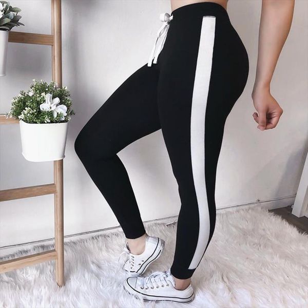 

army green tape side sporty leggings women high waist drawstring long pants spring active workout leggings, Black