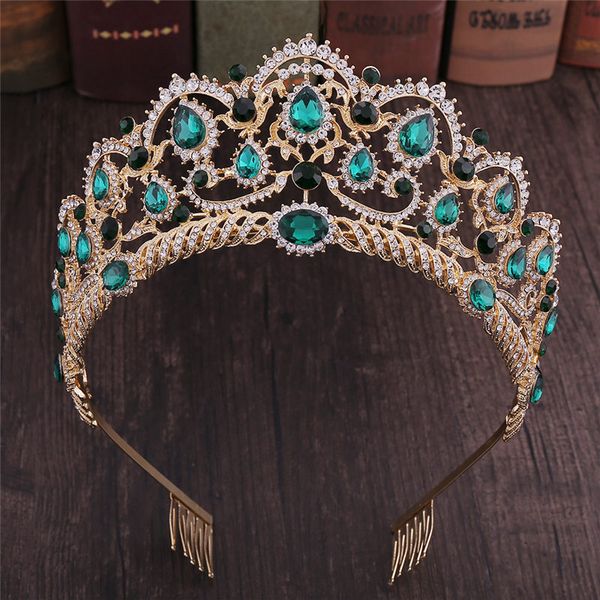 

bridal headband fashion green crystal wedding crown for queen tiaras headdress prom pageant wedding hair jewelry, Golden;silver