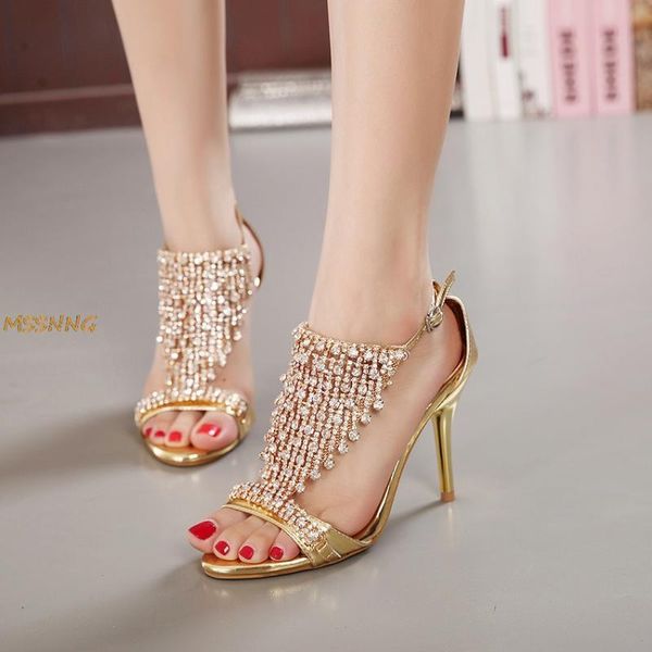 

summer new solid women's sandals fashion bling diamond thin heel ladies shoes party peep toe buckle strap women's sandals, Black