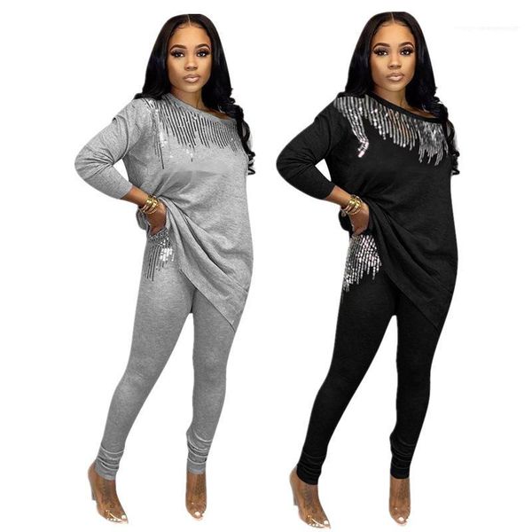 

sleeved crew neck fashion women tracksuits sequins designer tracksuits women casual slim 2 piece pants solid color long, White