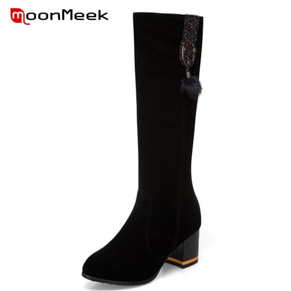 

moonmeek new arrive 2020 flock woman boots pointed toe knee high boots elegant big size 32-43 winter ladies, Black