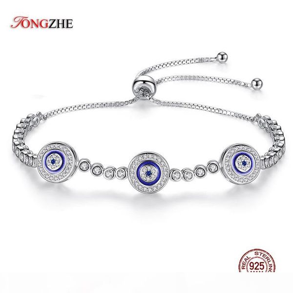 

tongzhe round blue evil eyes crystal tennis bracelet 100% 925 sterling silver women men lucky hamsa bracelet jewelry, Golden;silver