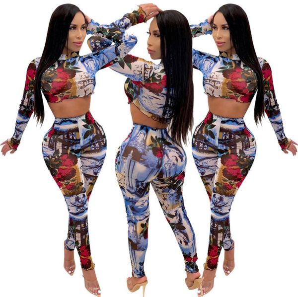 

women two piece tracksuits set ink print round neck open umbilical lotus leaf cuff pencil pants outfits club ladies casual clothing l698, White