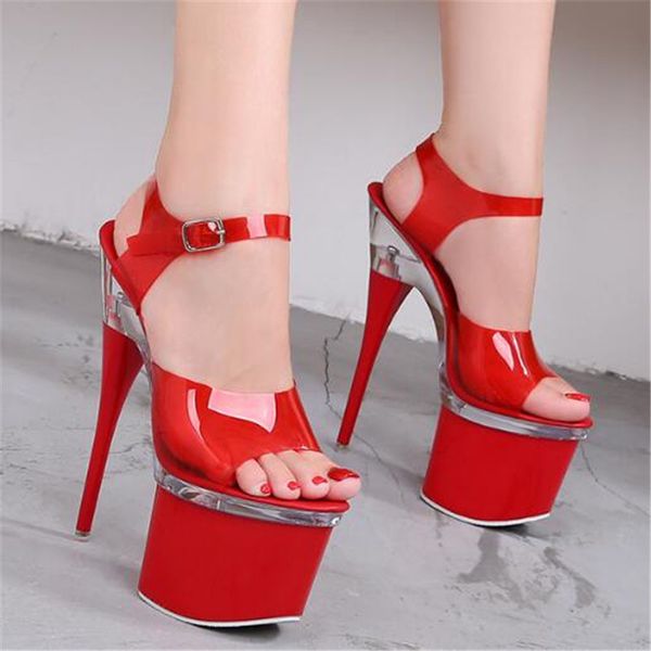 

sandals 2021 concise fashion pvc woman transparent buckle strap 17.5cm thin high heels waterproof platform shoes, Black