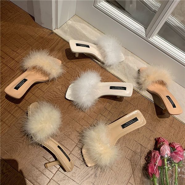 

fashion women sandals slippers fur slides slip on mules shoes thin high heels vacation ladies pumps summer slides fashion mules, Black