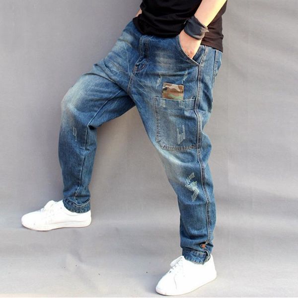 

mens jeans hip hop harem pants mid loose medium zipper full length plus size little feet ripped jeans for men lugentolo, Blue