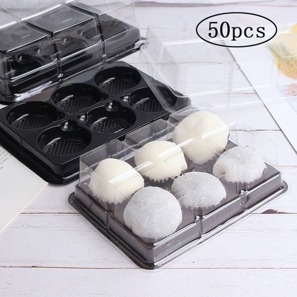 50 Stück Cupcake-Box mit 6 Mulden, durchsichtige Kunststoffbox für Kuchen, Mochi-Behälter, Mooncake-Tablett mit transparentem Deckel, Lebensmittelverpackungsbox