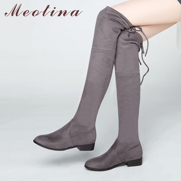 

meotina women long boots med heels thigh high boots winter 2020 block heel autumn shoes lace up grey black female big size 34-43