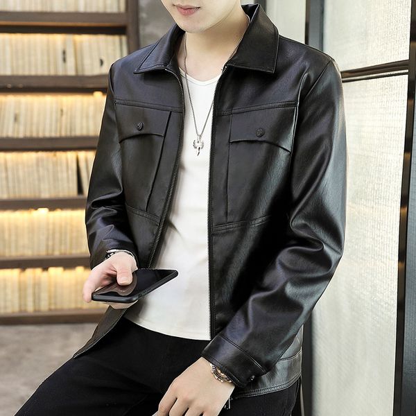 

2020 Men's Winter Coat Plus Velvet Lapel Neck Autumn Winter Leather Jacket Slim Fashion Casual KoreanTrend with Pockets Zipper Solid Color