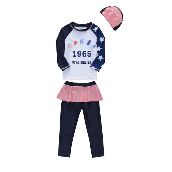 

upf50+ rash guards long sleeve swimwear girls two-pieces swimsuit toddler kids bathing sun suit with swimming cap stars printed
