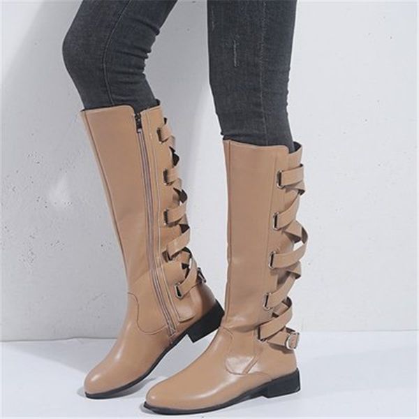 

large size 35-43 women brown knee high boots buckle with zip retro women's motorcycle boots square heel round toe, Black