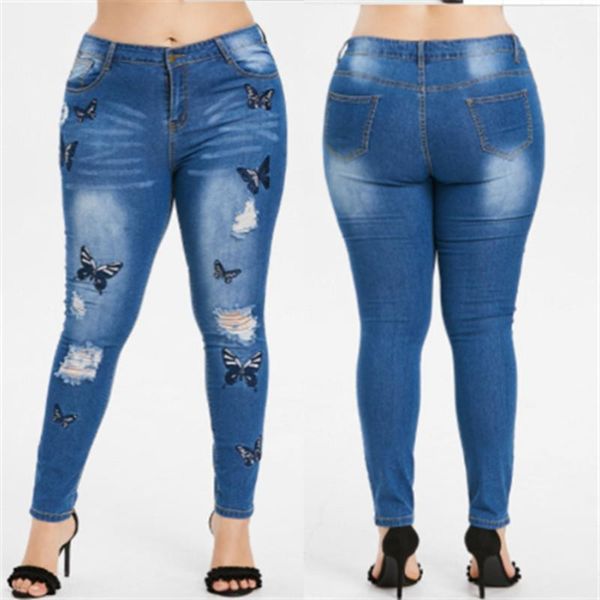 

pants fashion female clothing womens designer plus size 5xl jeans butterfly embroidery hole ripped vintage pencil, Blue