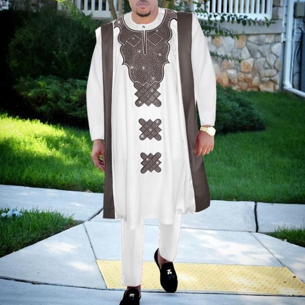 

h&d african men dashiki white clothes 3 pcs agbada suit robe shirt pants set shiny embroidered party attire boubou homme ph901, Red