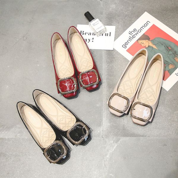 

fashion metal shallow mouth single shoes large size commuter women's nude flat sandals shallow mouth patent leather work shoe, Black