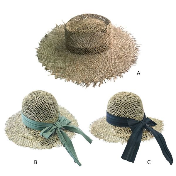 

women summer hollow out woven straw sun visor hat tassels wide brim uv protection bowknot ribbon band panama beach cap, Blue;gray