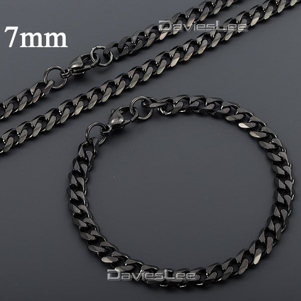 

подарок способа 7мм mens black gold (цвет) снаряженная кубинский ожерелье цепи нержавеющей стали браслет ювелирных изделий (set) dlks109, Silver