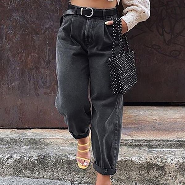 

women streetwear pleated mom jeans high waist loose slouchy jeans pockets boyfriend pants casual ladies denim trousers, Blue