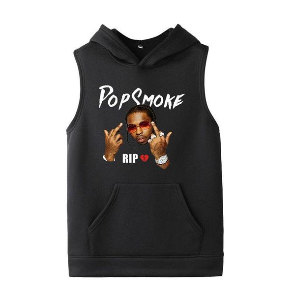 

pop smok mens hoodies fashion trend sleeveless hooded sweater designer male rapper print casual solid color pullover hoodies, Black