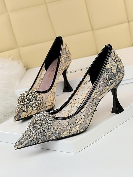

women's shoes with high heels and show thin shallow party pointed mouth mesh lace diamond flowers, Black