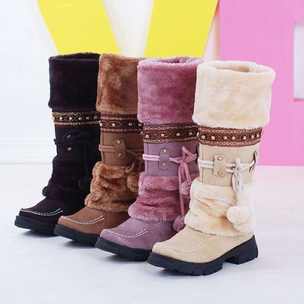 

boots women mid calf chaussures femme winter warm plush shoes snow fringe ladies creepers high heel botes mujer, Black