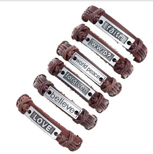 

100% genuine leather bracelet 6 style/suit men woman believe forgiven faith worid peace love rope adjustable bracelet, Golden;silver