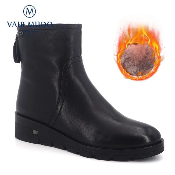 

vair mudo new fashion winter ankle boots low heel real fur 100% wool women shoes comfortable sheepskin warm snow boots dx22, Black