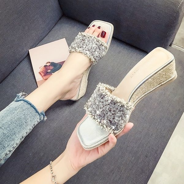 

женщины сандалии блестки клин слайды пятки тапочки torridity сандал ручной bohemia женский открытый обувь пляжные тапочки, Black