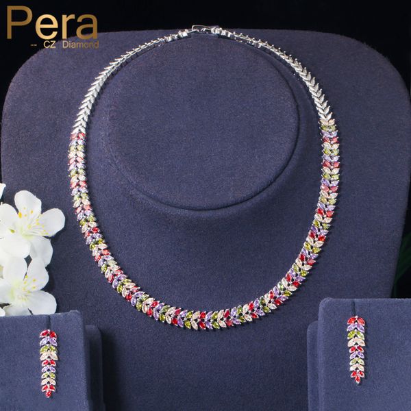 

pera 2pcs multicolor cz crystal leaf shape women wedding choker necklace earrings sets luxury ladies costume party jewelry j224, Silver