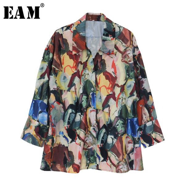 

eam] women pattern printed leisure big size blouse new lapel long sleeve loose fit shirt fashion tide spring autumn 2020 1z225, White