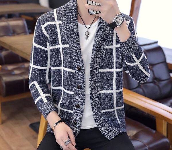 

thick warm plaid cardigan men 2020 new winter casual sweater knitted fashion men's v-neck sweatercoat thick cardigan masculino, White;black