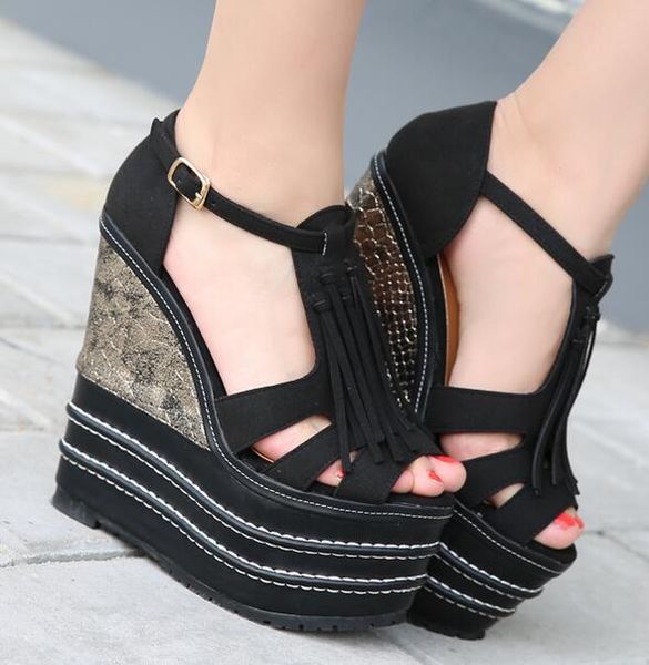 

wedge super high heel platform sandals women ankle casual t-strap tassel shoes, Black