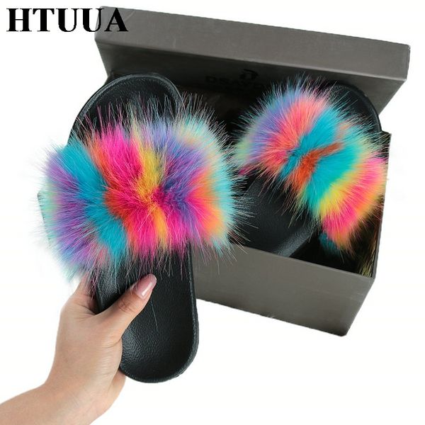 

htuua autumn summer fluffy slippers women faux fur slides female color matching flat flip flop outdoor sandals shoes sx4223, Black