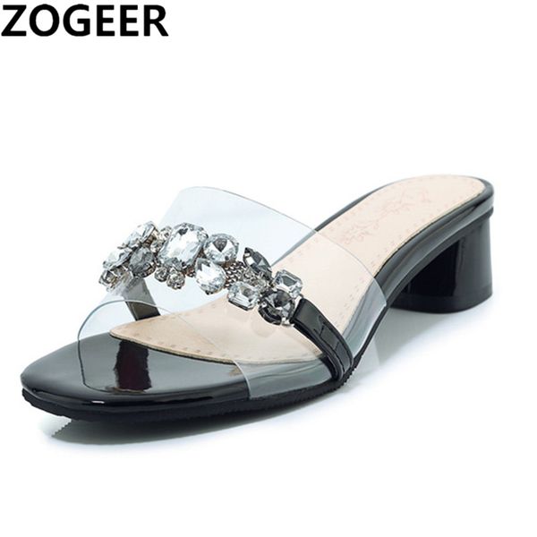 

low heels comfort slippers women fashion luxury rhinestone summer sandal transparent pvc mules shoes for ladies plus size 45, Black