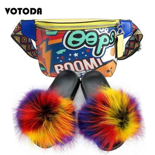 

woman fur slippers fluffy raccoon fur slides real sandals women graffiti fanny pack bag summer shoes waist packs set, Black