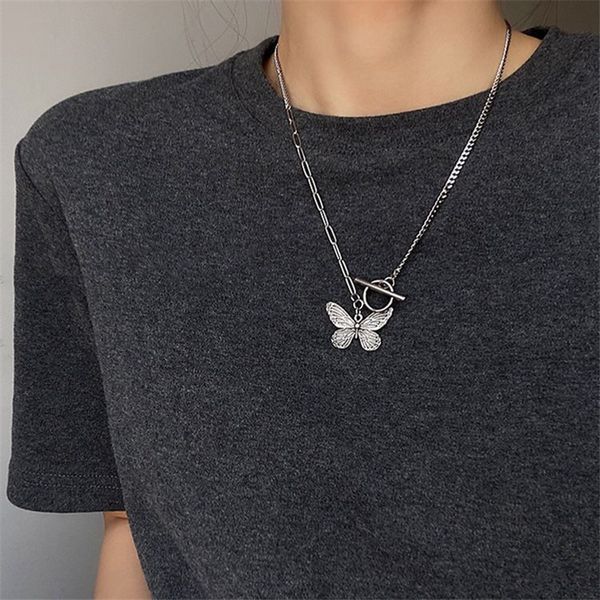 

luokey harajuku titanium steel hiphop pendant necklace silver color long chain butterfly necklace for women girl fashion jewelry