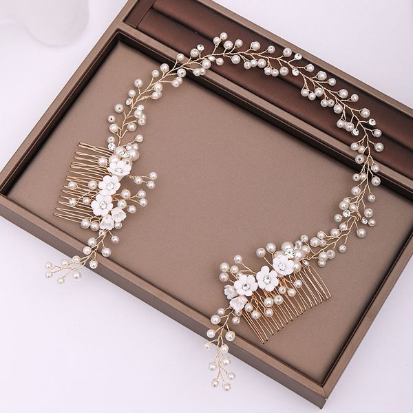 

charming bride wedding handmade bridal imitation pearl flowers hair clip gold color hair comb women jewelry headband lb, Golden;silver