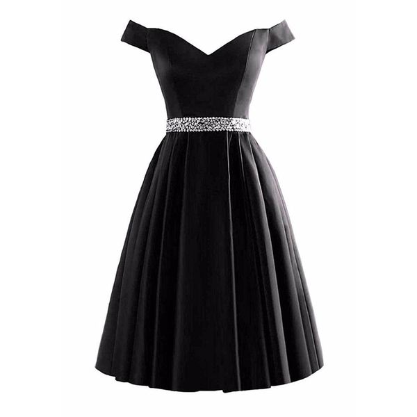 

2019 Cocktail Dress V Neck Satin Homecoming Dresses Bead Sequin Knee Length Cap Sleeve Prom Gown Little black Dress