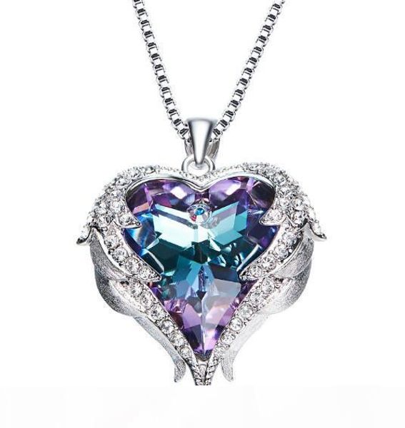 

valentine's day gift love heart pendant necklaces with angel wing gifts for wife romantic crystal diamond jewelry, Silver