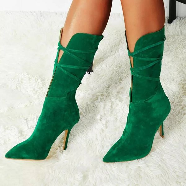

2020 new women shoes autumn winter high heels ladies boots lace up pointed toe stiletto punk mid calf boots zapatos mujer, Black
