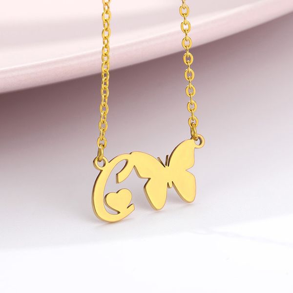 

trendy butterfly initial letter necklace for women stainless steel a-z alphabet letters pendant necklaces jewelry gifts, Silver