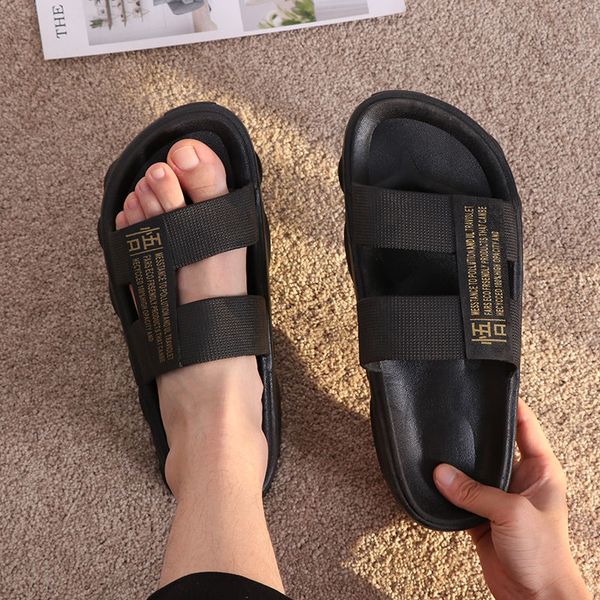 

summer indoor house non-slip slippers social fashion outdoor shoes l bathroom bath sandal letter printed beach slippers, Black