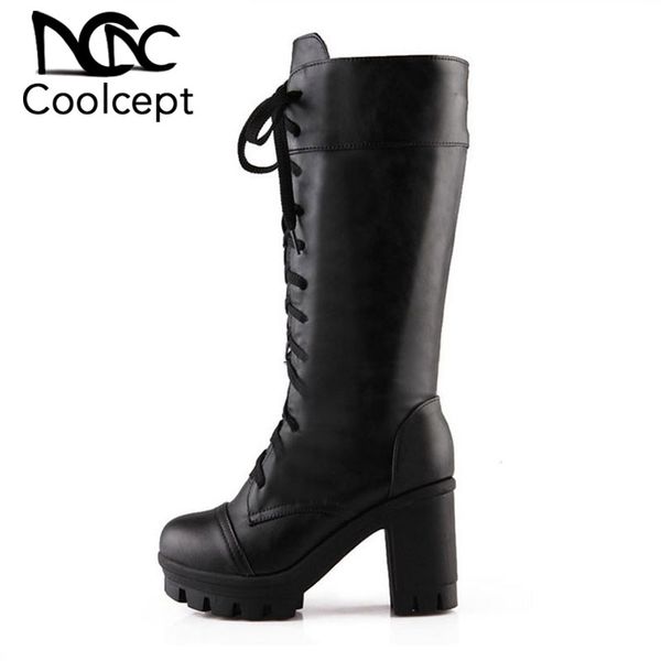 

coolcept brand new mid calf boots women cross strap high heels platform shoes women casual thick heel knight footwear size 34-43, Black