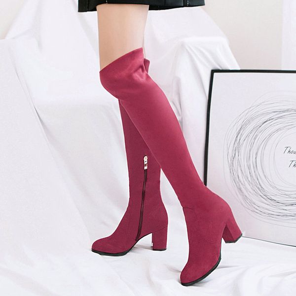 

fashion knee high boots women's winter boots faux suede thick high heels long round zipper spring autumn shoes woman, Black