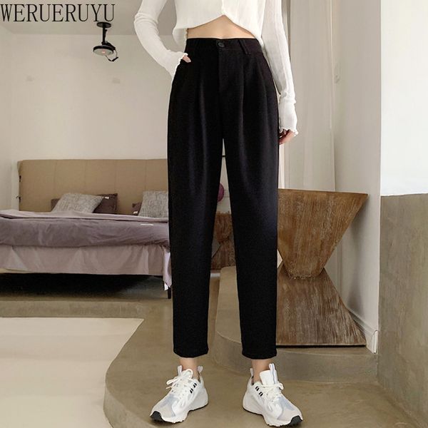 

werueruyu корейский стиль лодыжки костюм брюки женщины с поясом 2020 осень зима женщины шаровары высокой талией черные брюки, Black;white