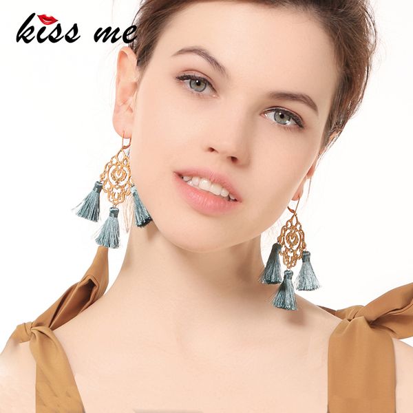 

dangle & chandelier kiss me bohemian green cotton thread fringe earrings for women design ethnic jewelry alloy geometric big earring, Silver