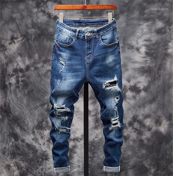 

mens distrressed jeans luxury mens jeans designer hole slim pencil pants casual, Blue