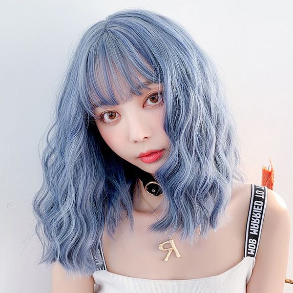 

fashion women long natural curly wavy gradient haze blue wigs natural air bangs synthetic hair lace front wigs, Black