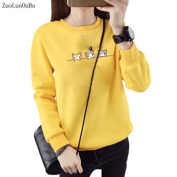 

autumn winter clothes office lady fleece cartoon loose pullovers long sleeve simple cat print harajuku women hoody sweatshirt, Black