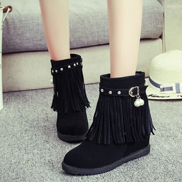 

2020 new autumn winter women tassel snow boots fashion rivet 7cm hight increase cotton boots girls sweet non-slip short, Black