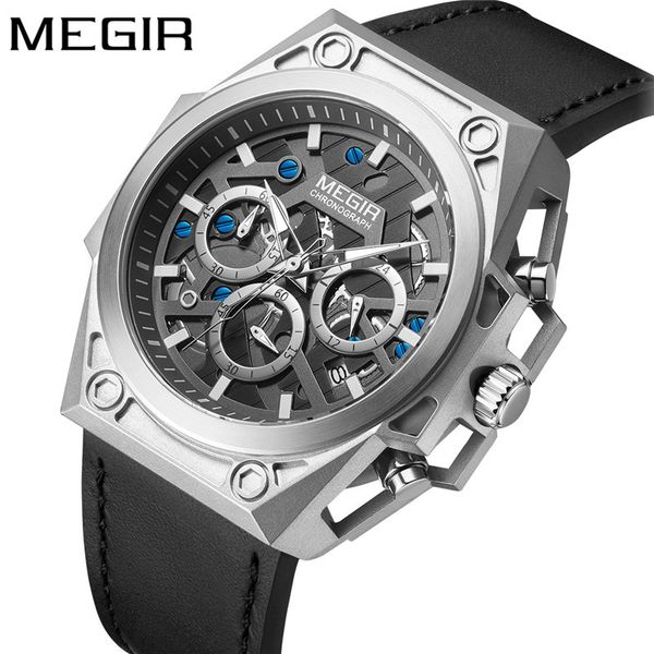 

megir watch men waterproof chronograph male clock real leather business man sport wristwatch gift 4220, Slivery;brown